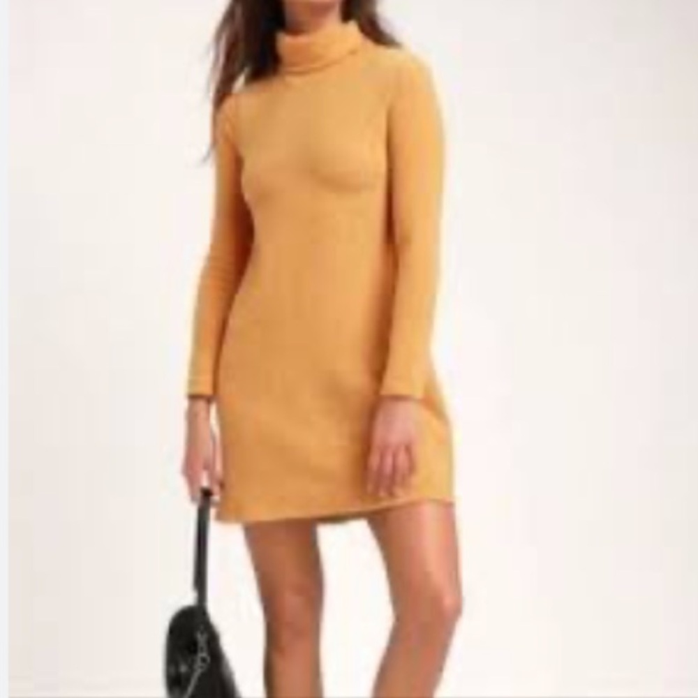 NEW Lulus Soft Turtleneck Sweater Mini Dress, Size XS, Mustard Yellow